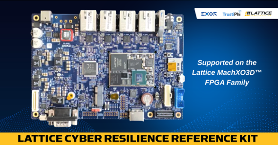 Image of the Lattice Cyber Resilience Reference Kit showing a detailed circuit board with ports and an FPGA, with branding and text noting support for the Lattice MachXO3D FPGA family.